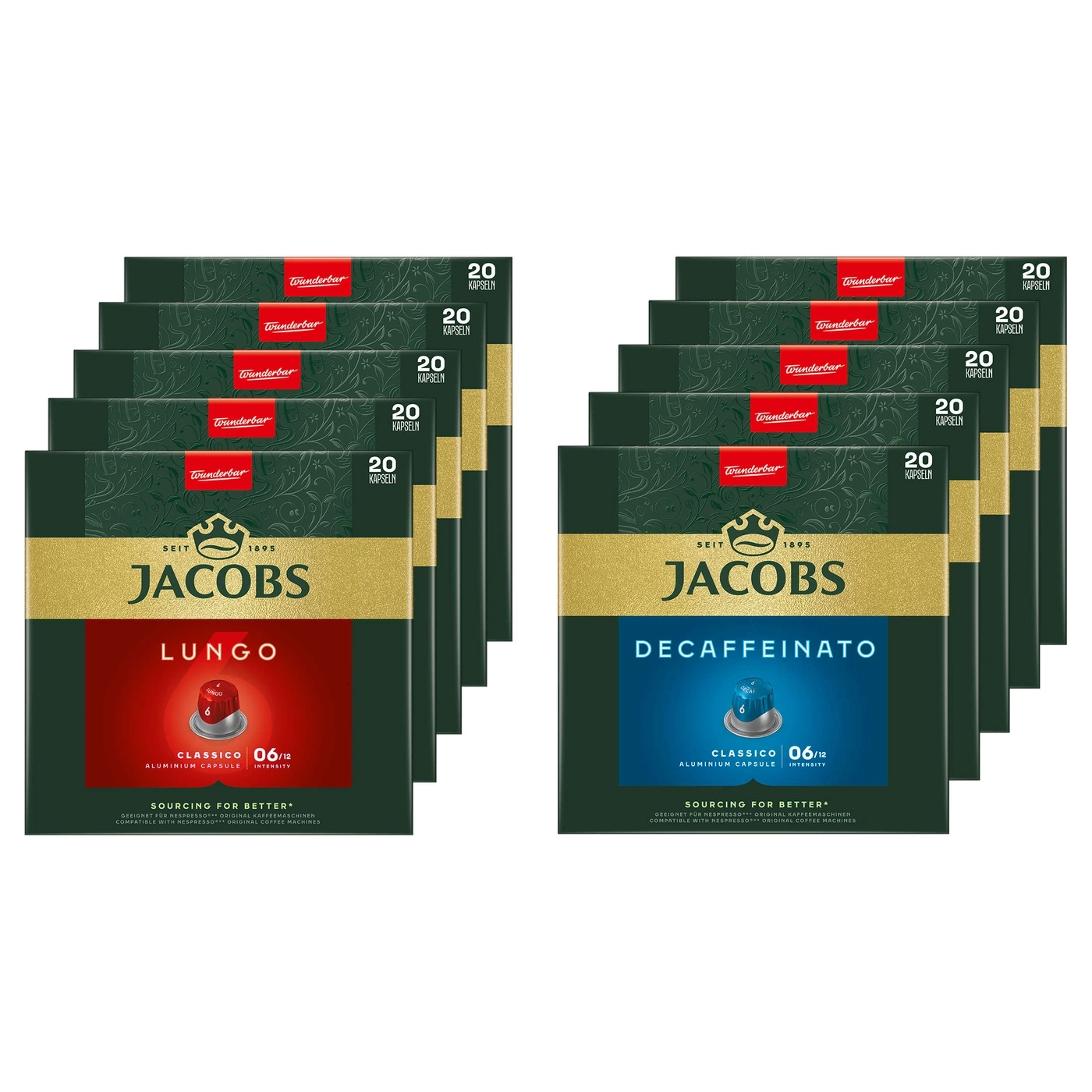 Jacobs Lungo und Decaffeinato Kaffeekapseln, 20 Kapseln pro Packung, 6/12 Intensität