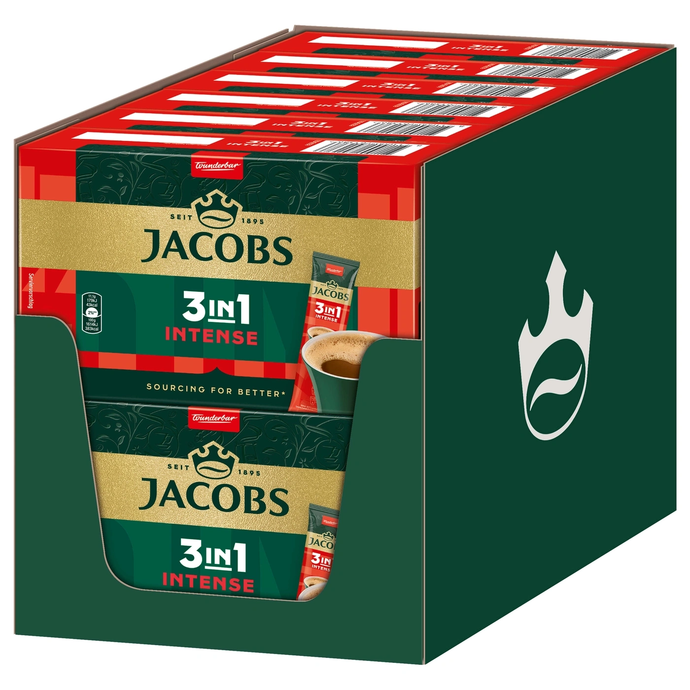 Jacobs 3in1 Intense Kaffee mit 50 Päckchen.