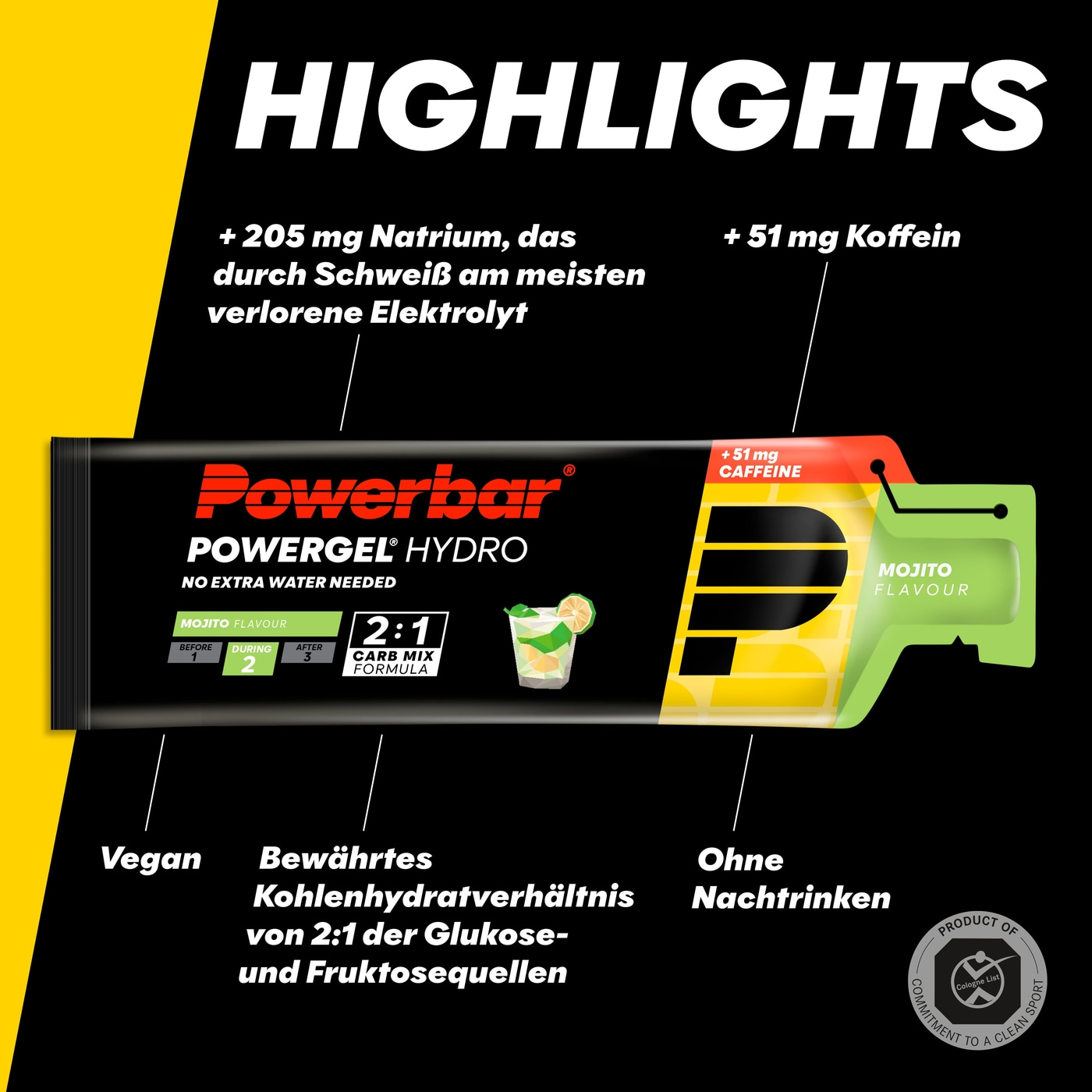 POWERBAR PowerGel Hydro Mojito High Carb Energie Gel Natrium Koffein 24 x 67 ml