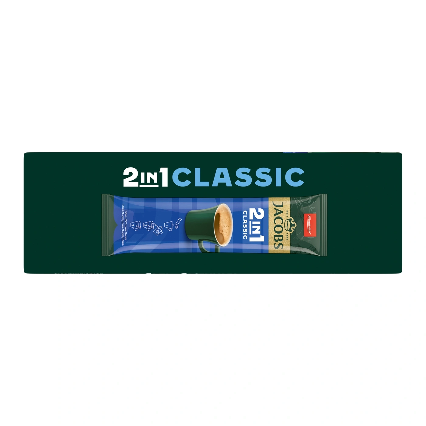 Jacobs 2in1 Classic Kaffee Instant-Kaffeepulver in dunkler Verpackung mit Tasse
