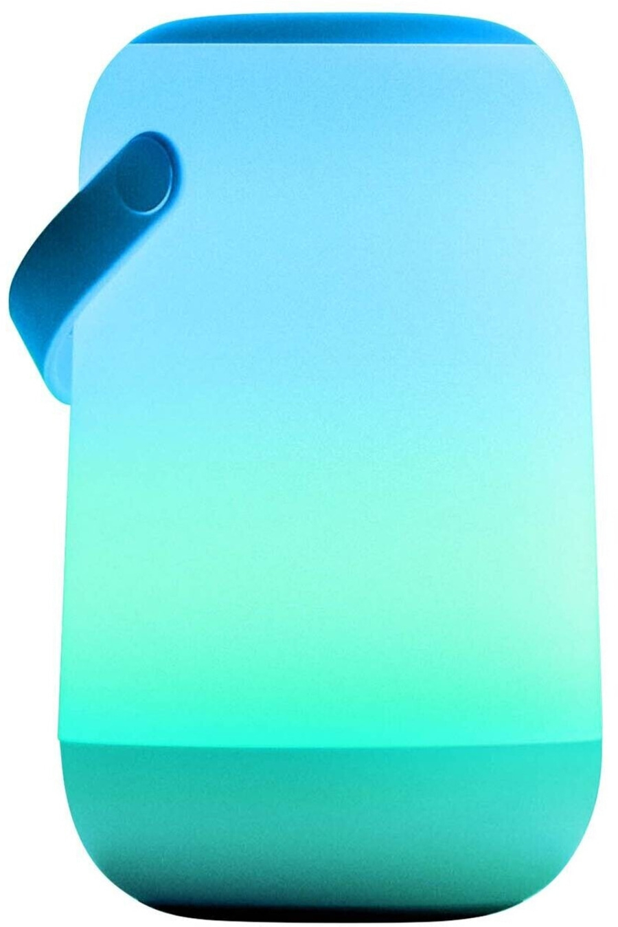 Blau-grüne Lampe mit Griff, die sanft leuchtet und eine entspannte Atmosphäre schafft.
