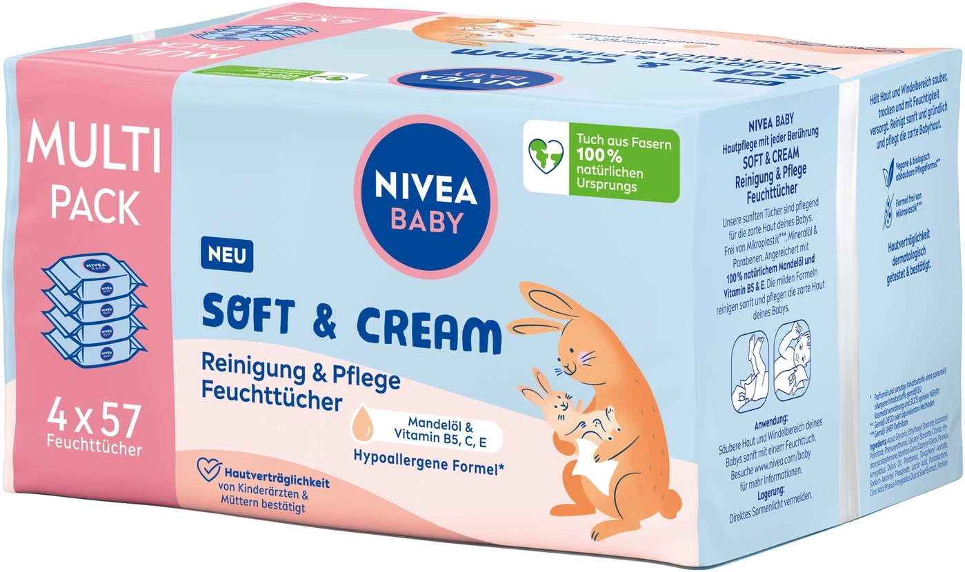 NIVEA Baby Feuchttücher, Reinigung & Pflege, 4x57 Tücher, sanfte Hautpflege für Babys