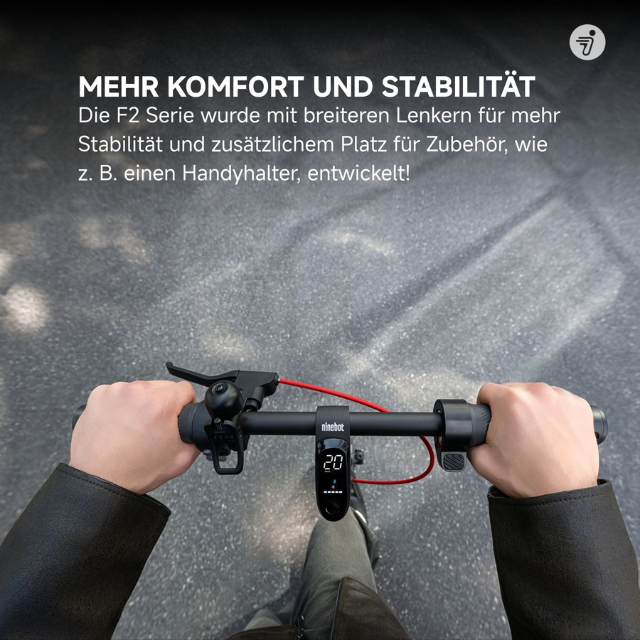 Nahaufnahme eines Ninebot-Lenkers mit Text über Komfort und Stabilität.