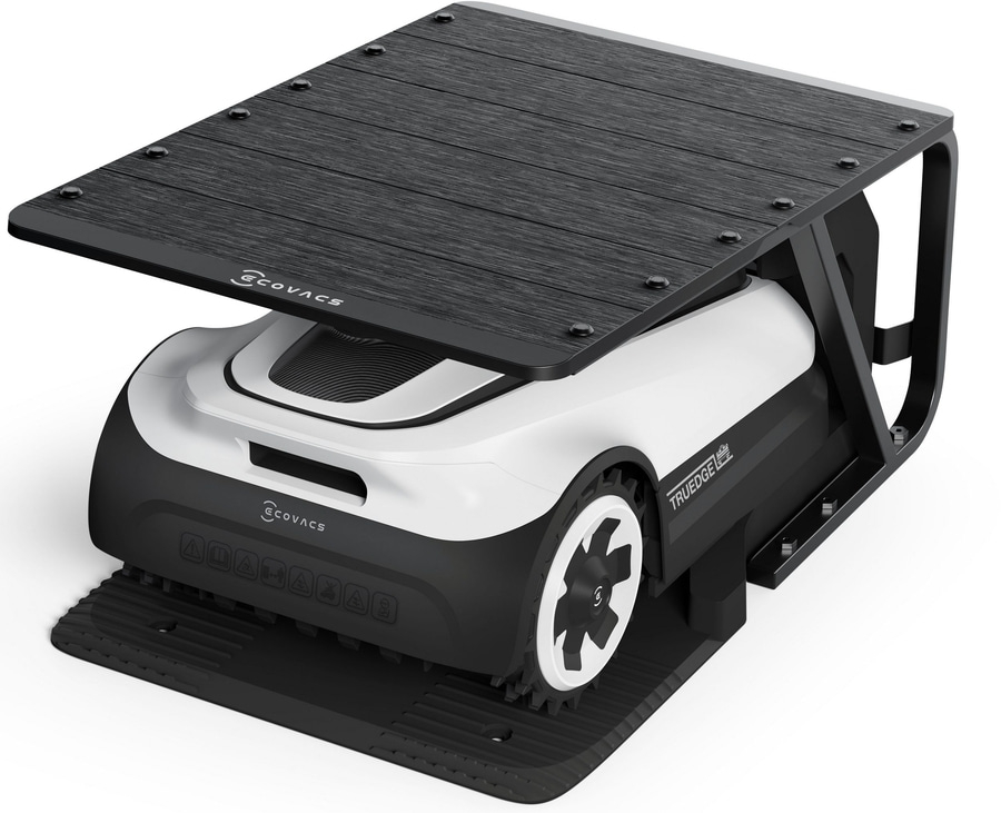 Rasenroboter mit schwarzer Platte und ECOVACS-Logo, TrueEdge-Technologie