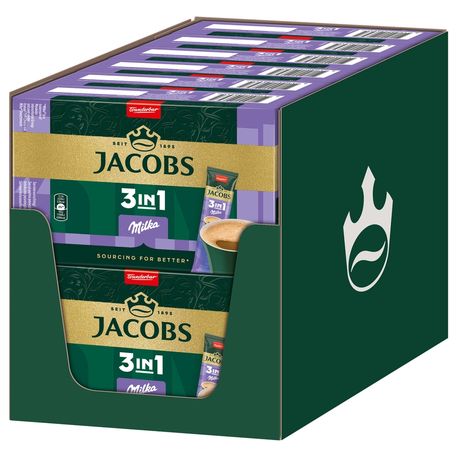 Jacobs 3in1 Milka Kaffee-Box, Packung mit Kaffee-Sticks, Milka-Geschmack