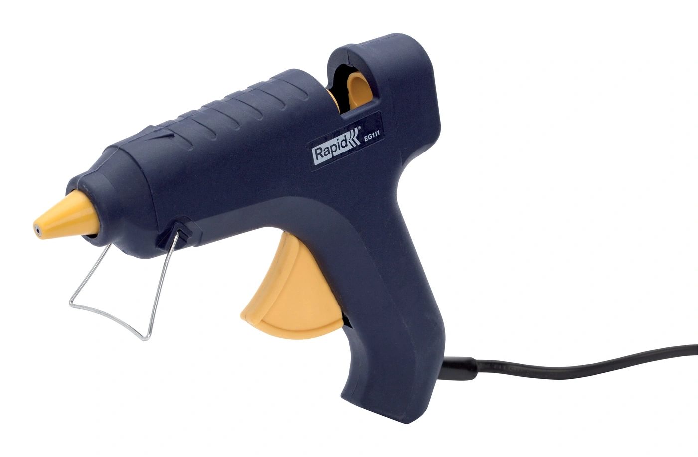 Dunkelblaue Heißklebepistole mit gelbem Abzug und gelber Düse.