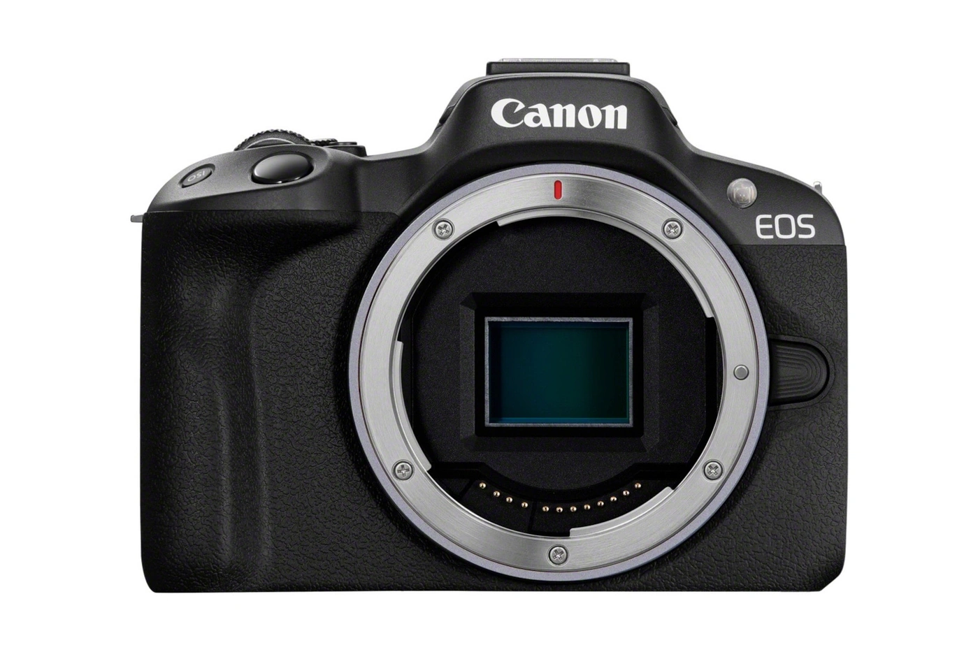 Nahaufnahme einer schwarzen Canon EOS Digitalkamera mit Objektivhalterung