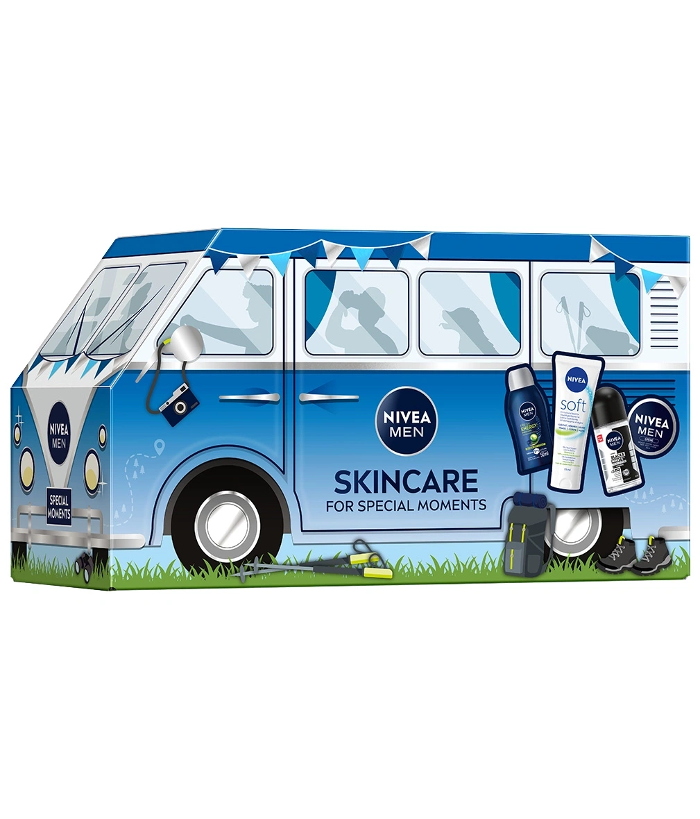 Ein blauer Nivea Men Van mit Hautpflegeprodukten und Campingzubehör.