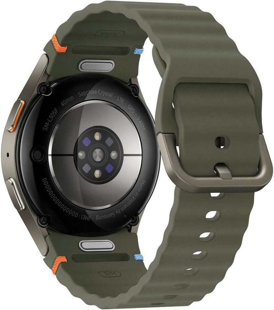 Smartwatch mit grünem Armband, 40mm, Saphirglas, LTE, GPS, 5 ATM, Samsung.