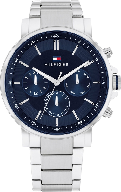 Uhr mit blauem Zifferblatt und silbernem Armband, Tommy Hilfiger.