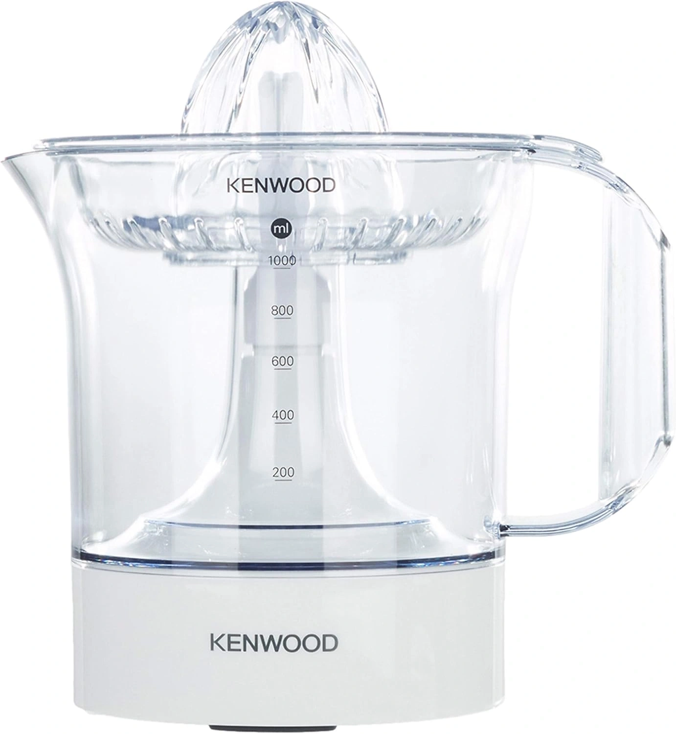 Ein weißer Kenwood Küchenmaschinenaufsatz mit durchsichtiger Messskala und Zitruspresse.