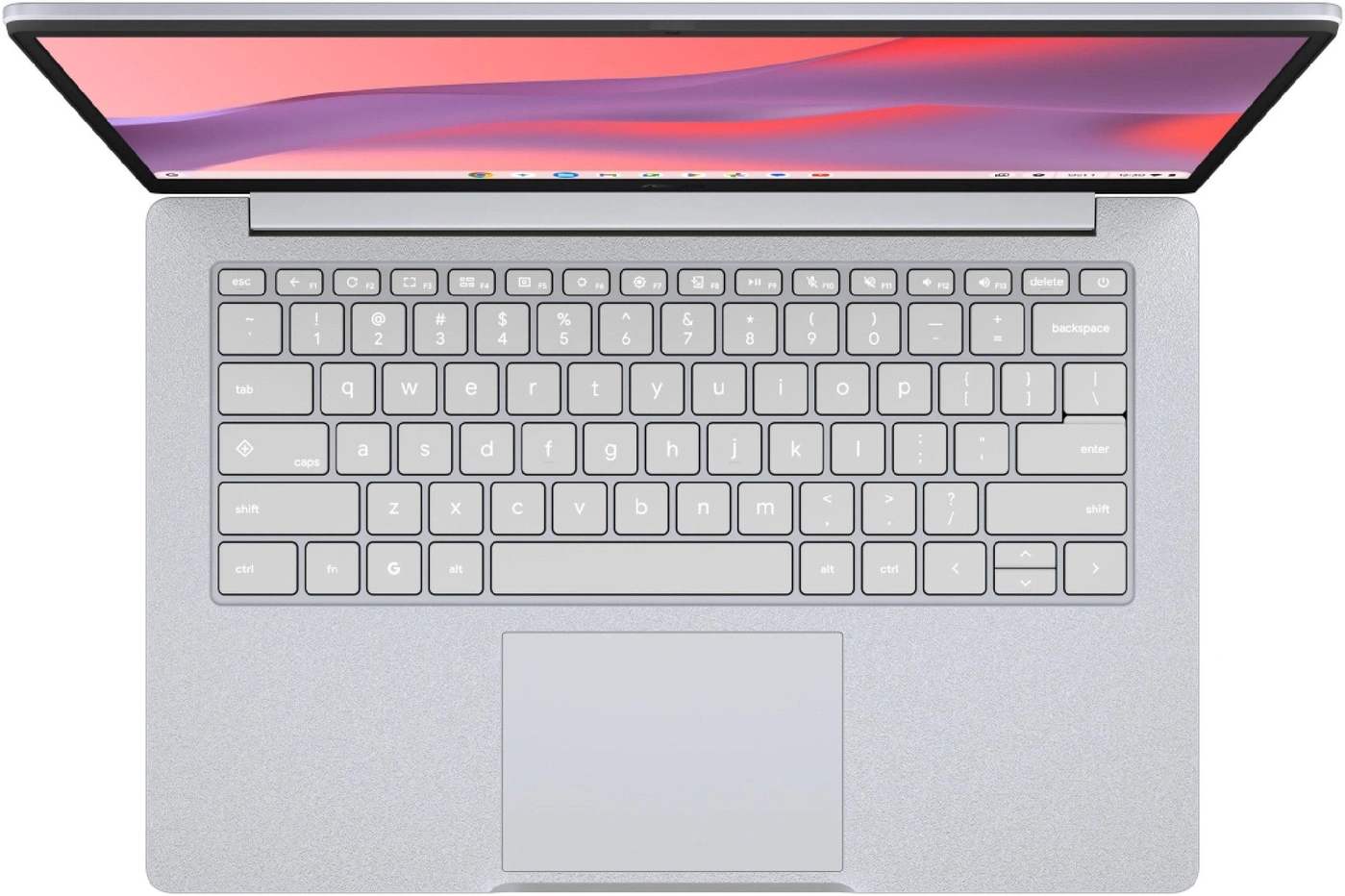 Ein heller Laptop mit silberner Tastatur und Mauspad. Der Bildschirm zeigt einen lila und roten Hintergrund.