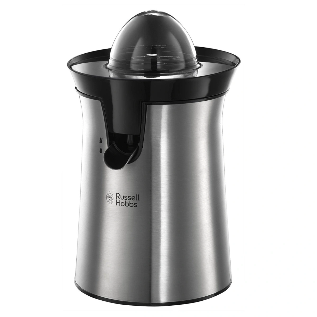 Ein Russell Hobbs Zitruspresse aus Edelstahl mit schwarzem Deckel.