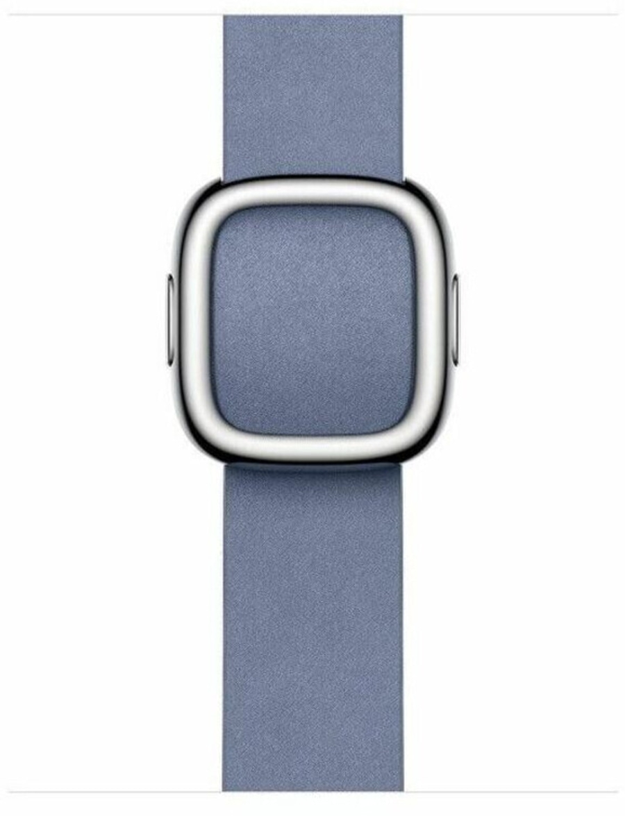 Uhr mit blauem Armband und silbernem Gehäuse, Nahaufnahme