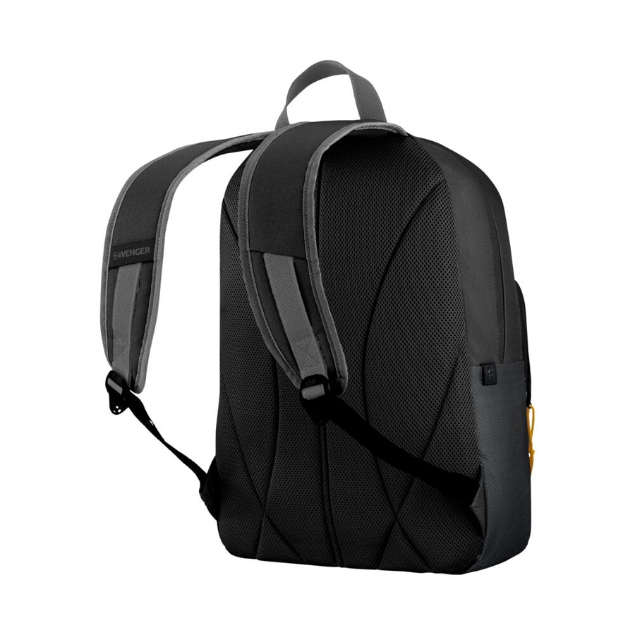 Schwarzer Rucksack mit grauen Trägern und dem Logo von Wenger