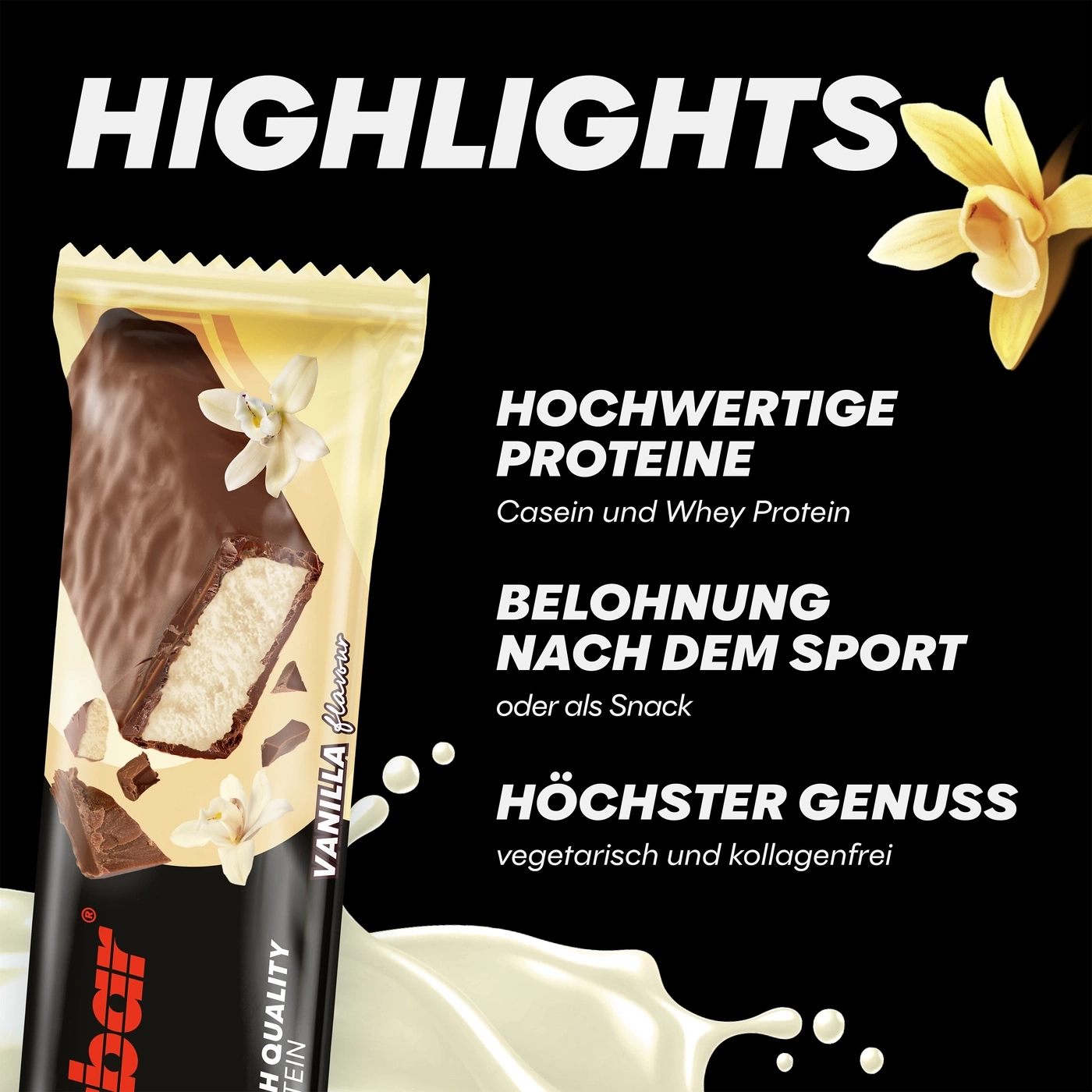 Proteinriegel mit Vanillegeschmack, voller Highlights