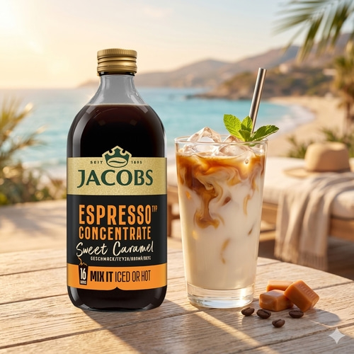Jacobs Espresso Konzentrat "Sweet Caramel" am Strand mit Eisgetränk