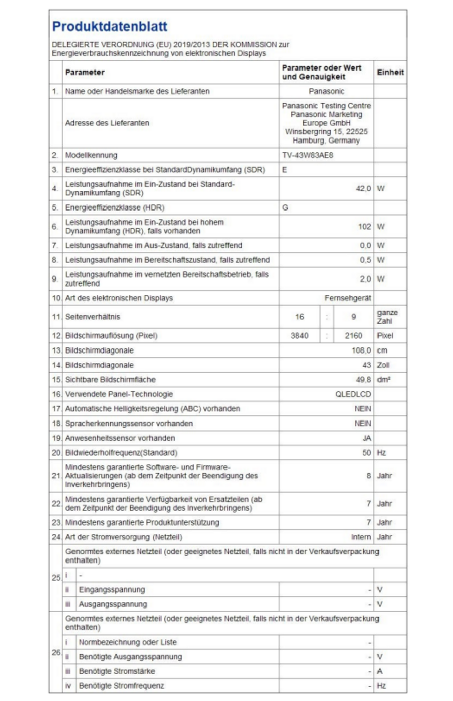 Produktdatenblatt: Energieeffizienz, Bildschirm, Verbrauch, Panasonic, TV-43W83AE8, QLEDLCD, Fernseher