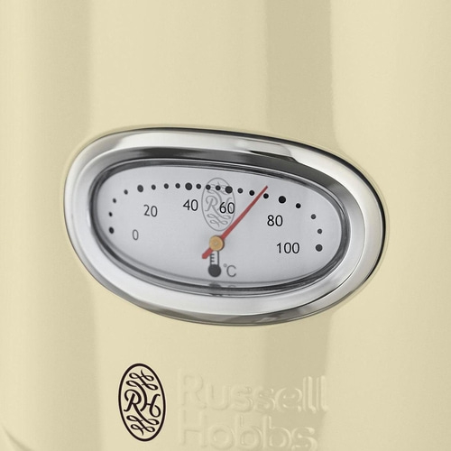 Nahaufnahme eines Thermometers mit der Marke Russell Hobbs, das 70 Grad Celsius anzeigt.