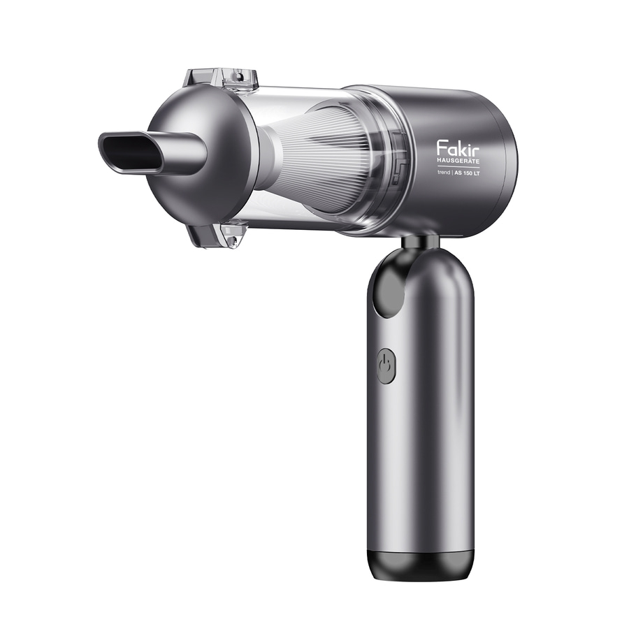 Ein silberner Fakir Handstaubsauger mit einem transparenten Behälter und einem Filter.