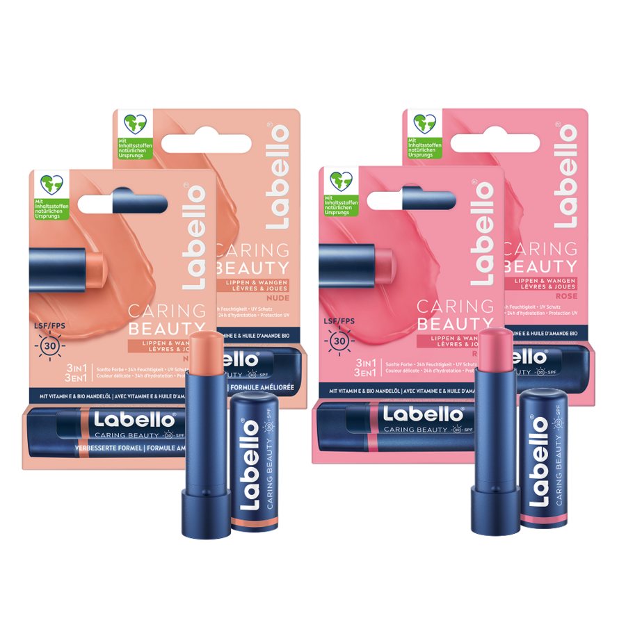 Zwei Labello Lippenpflegeprodukte in Nude und Rose