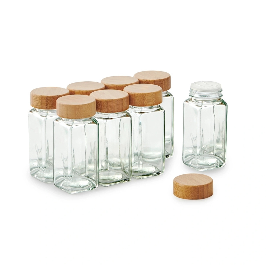 Gewürzgläser mit Holzdeckel, Glasbehälter, Küchenutensilien, Gewürzaufbewahrung