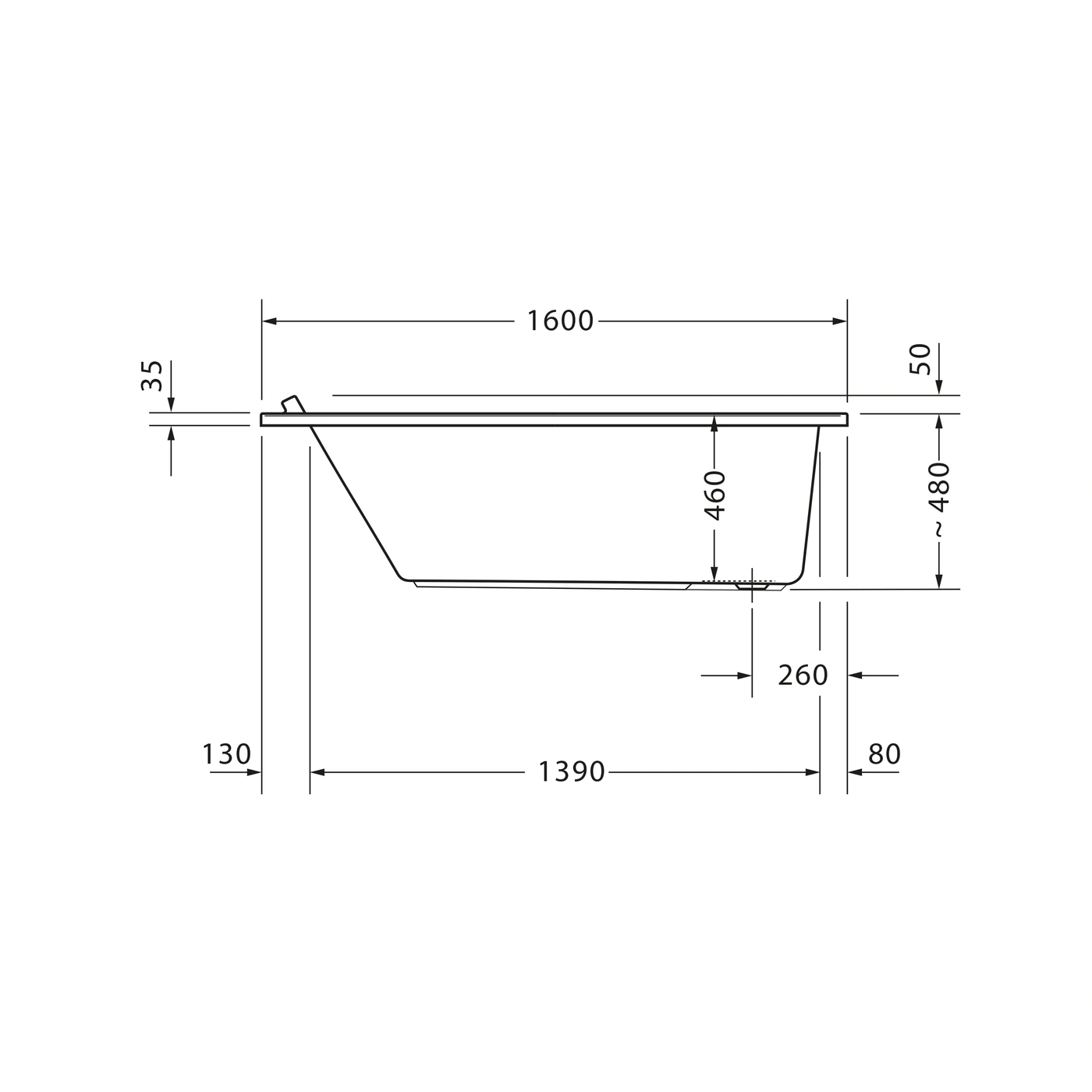 Badewanne mit Abmessungen: 1600mm, 460mm, 480mm, 260mm, 1390mm, 130mm, 80mm, 35mm, 50mm.