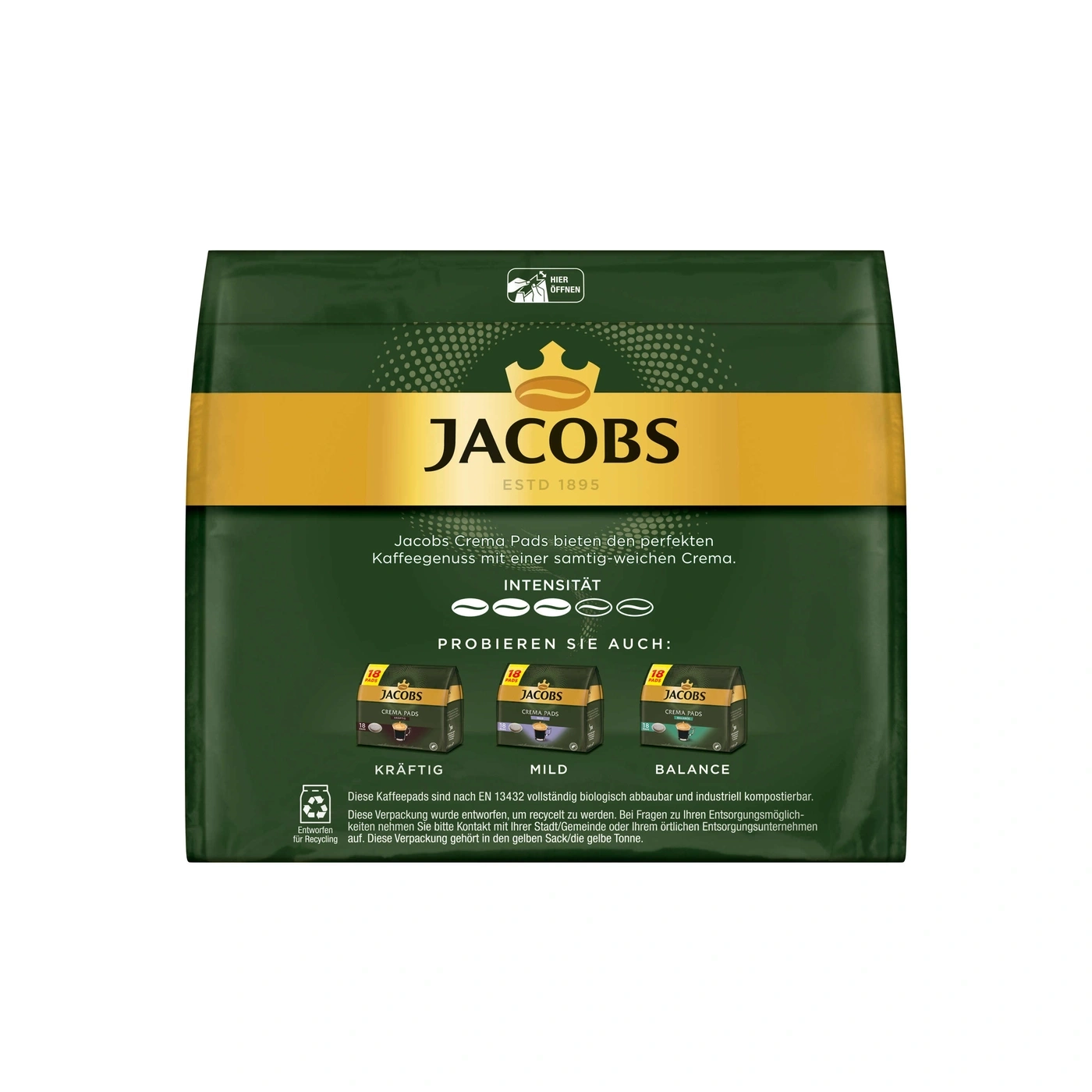 Jacobs Crema Pads Kaffeepackung, Intensität, Kräftig, Mild, Balance, biologisch abbaubar