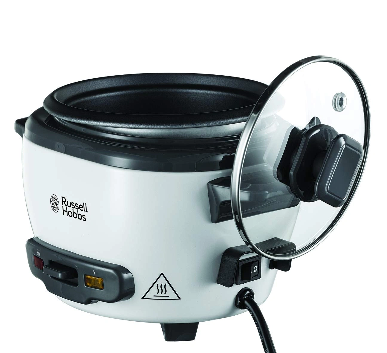Reiskocher, weiß, mit Glasdeckel, Marke Russell Hobbs, geöffnet, isoliert