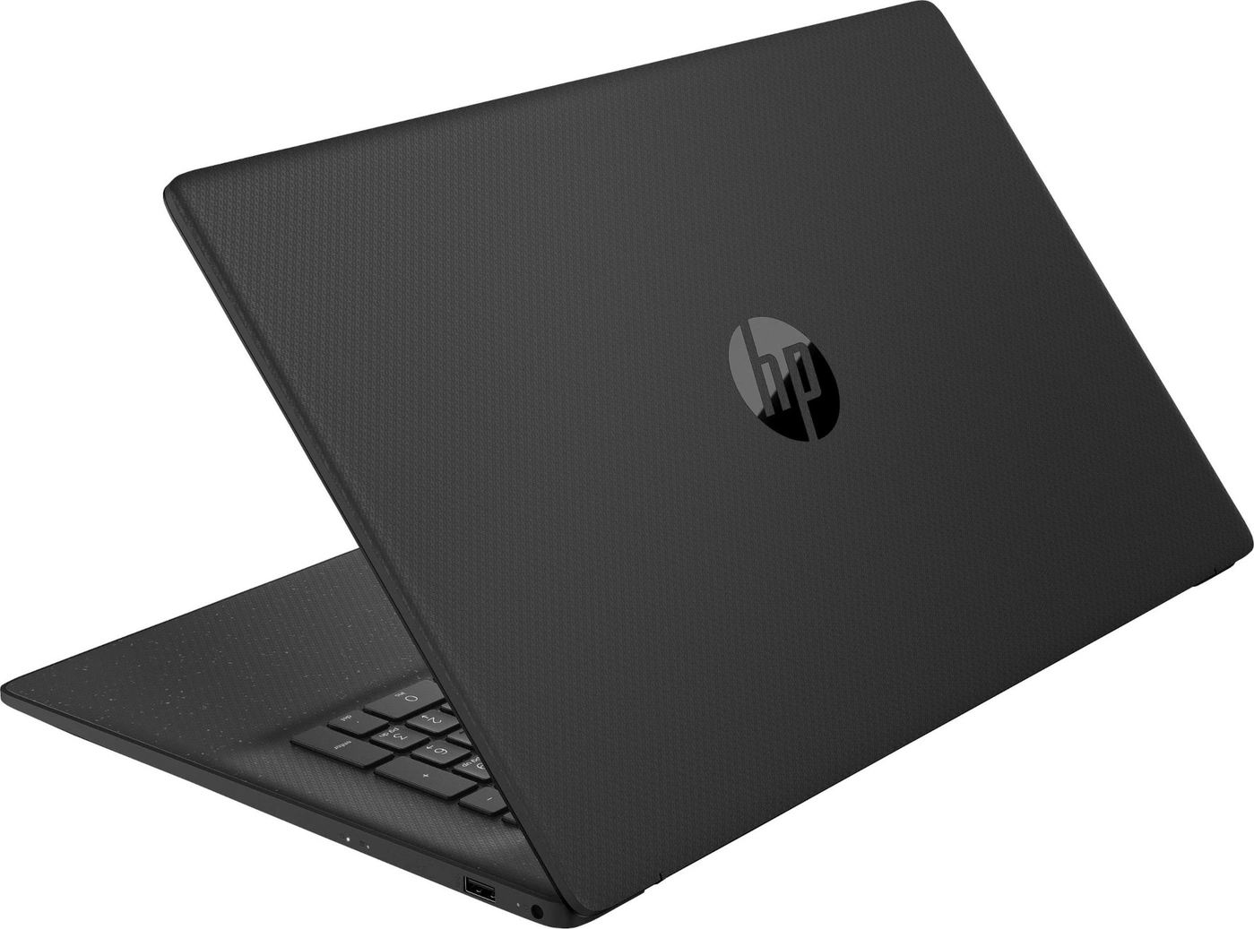 Ein schwarzer HP Laptop mit geprägtem Deckel und Tastatur.