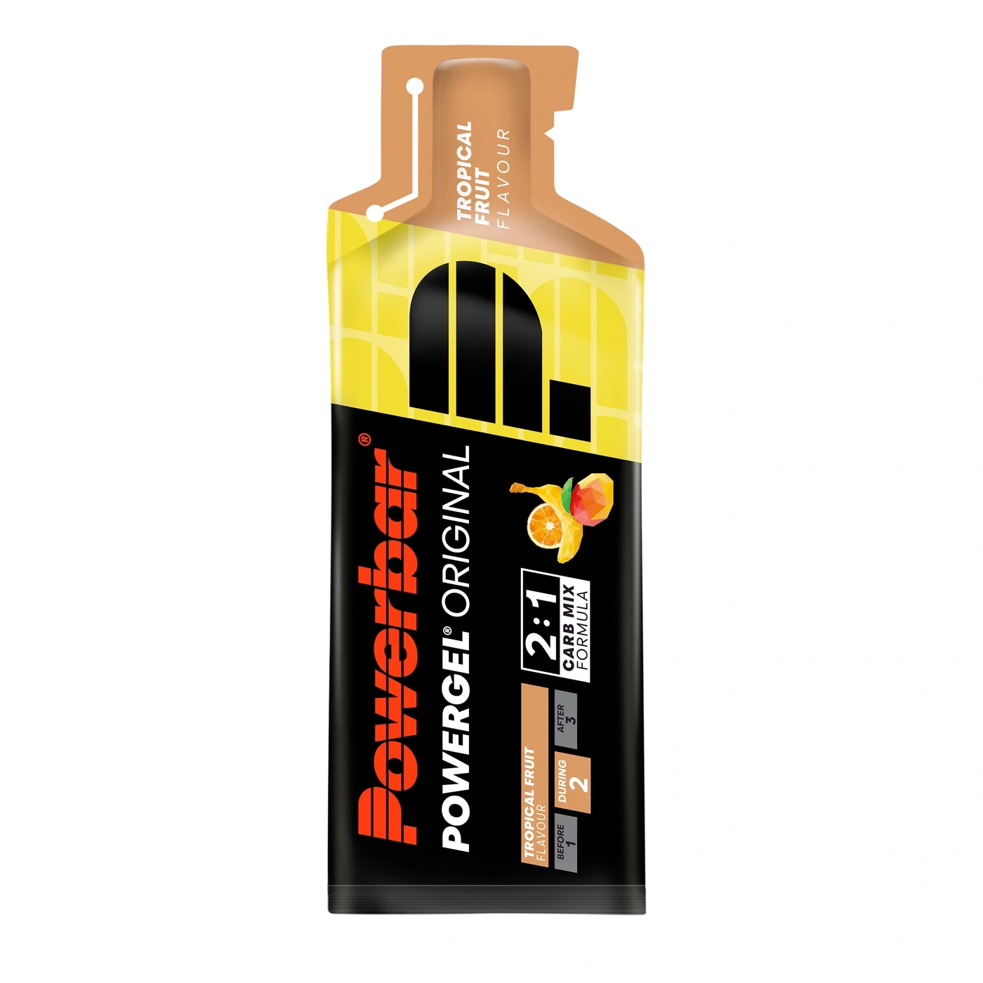Orange-gelbe Energie-Gel-Packung mit tropischem Fruchtgeschmack