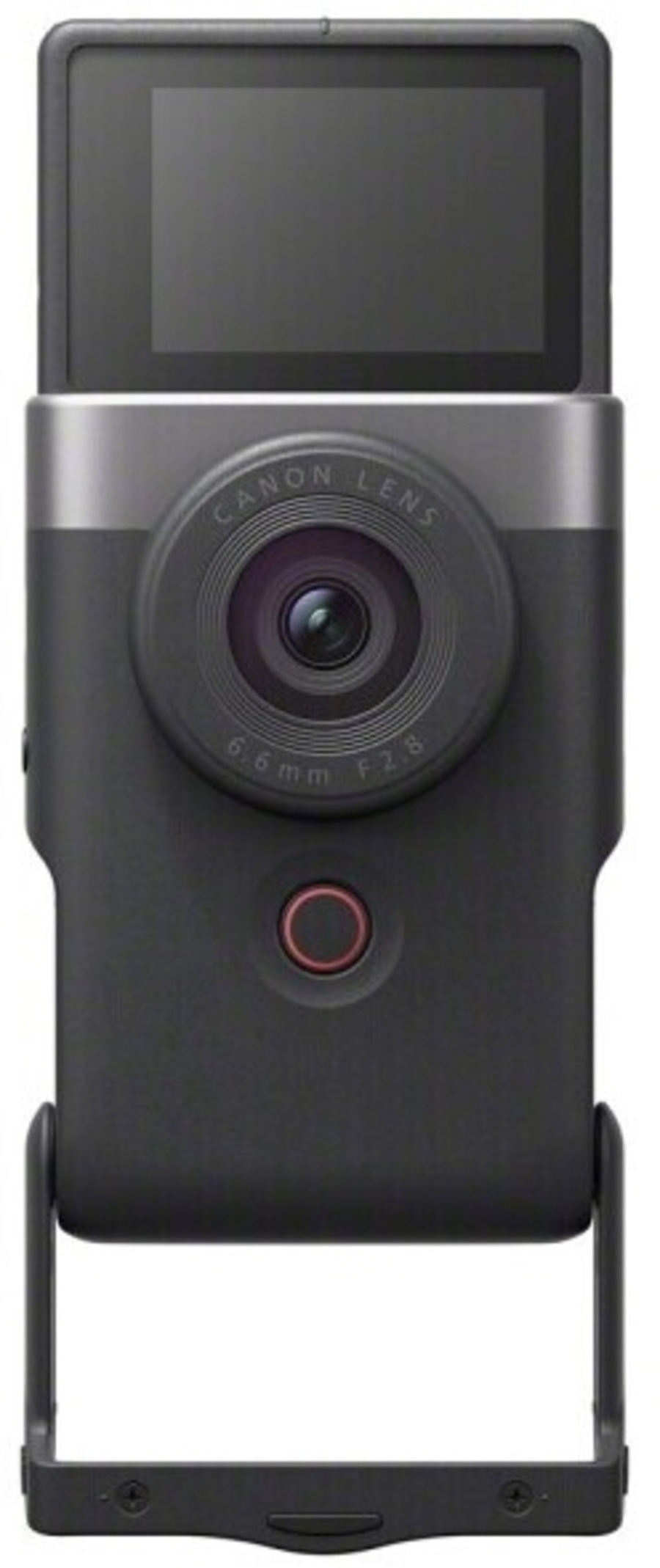 Kamera mit Objektiv, Bildschirm und rotem Knopf. Schwarzes Gehäuse und Halterung.