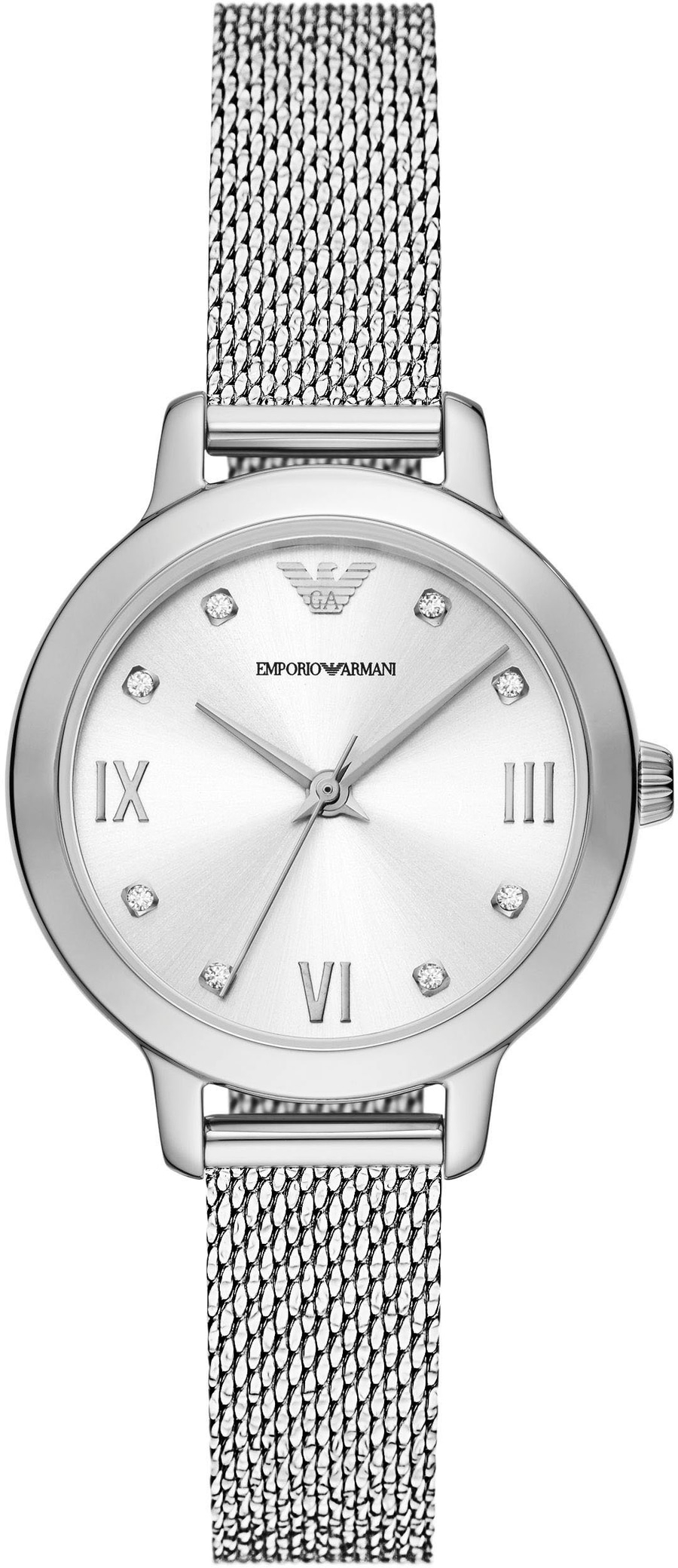 Eine silberne Emporio Armani Damenuhr mit römischen Ziffern und Mesh-Armband.