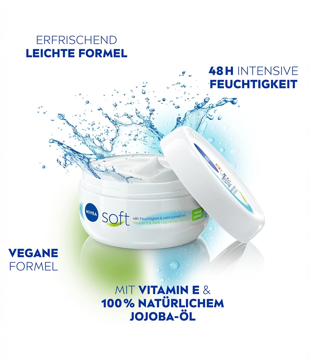 Nivea Soft Creme mit Vitamin E und Jojoba-Öl, vegane Formel, 48h Feuchtigkeit.