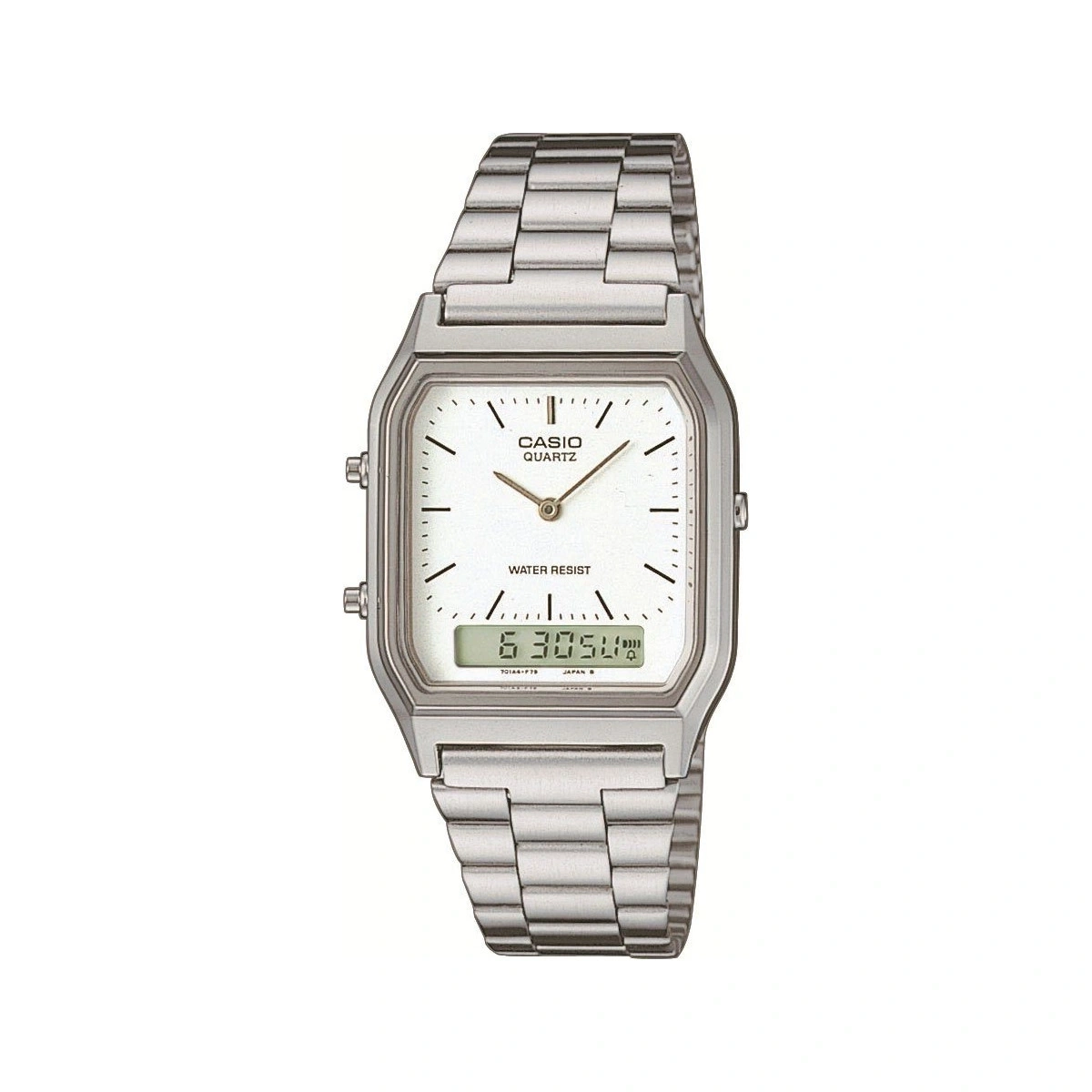 Eine silberne Casio-Uhr mit weißem Zifferblatt und digitaler Anzeige.
