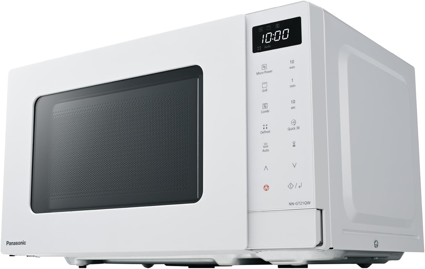 Weißer Panasonic Mikrowellenherd mit digitaler Anzeige und Bedienfeld. NN-GT21QW Modell.