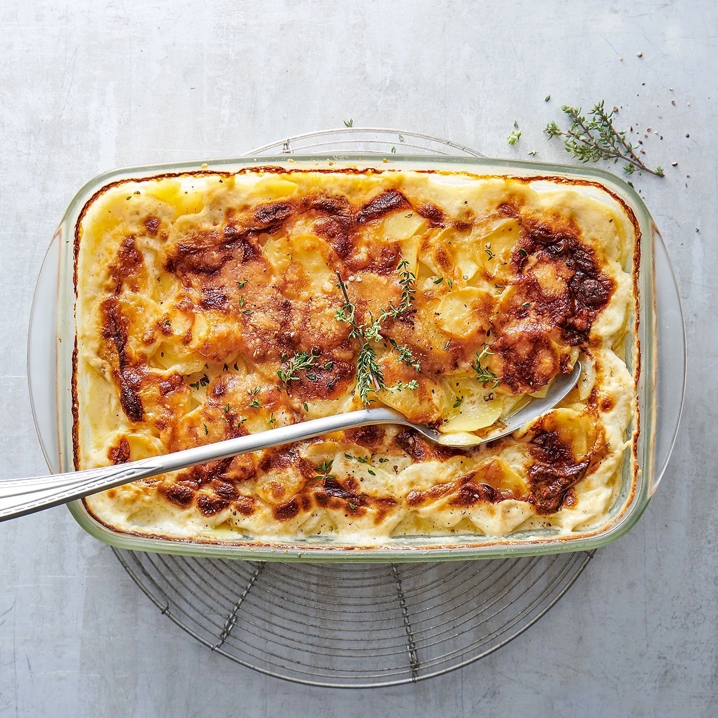 Kartoffelauflauf in Glasform mit Kräutern und Löffel auf Drahtgestell