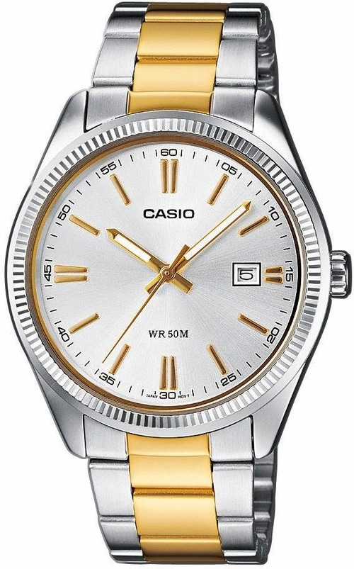 Casio-Uhr mit silbernem Zifferblatt und goldenen Akzenten, Datum