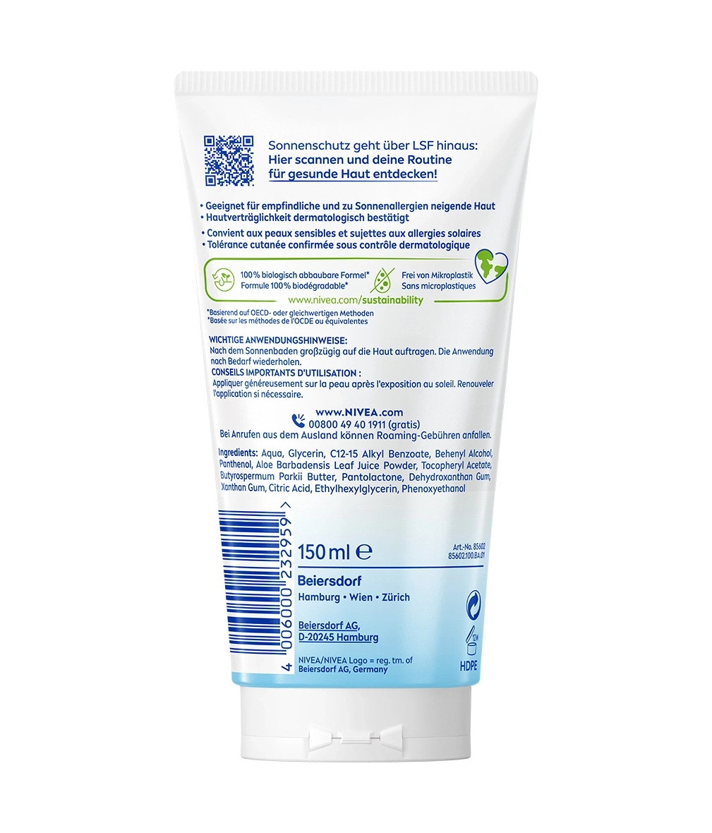 Rückseite einer Nivea Sonnencreme-Tube mit Anwendungshinweisen, Inhaltsstoffen und Herstellerinformationen.