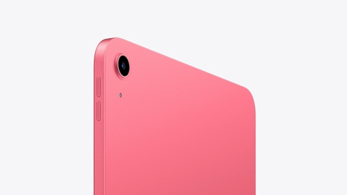 Ein rosa Tablet mit Kamera und Knöpfen auf weißem Hintergrund.