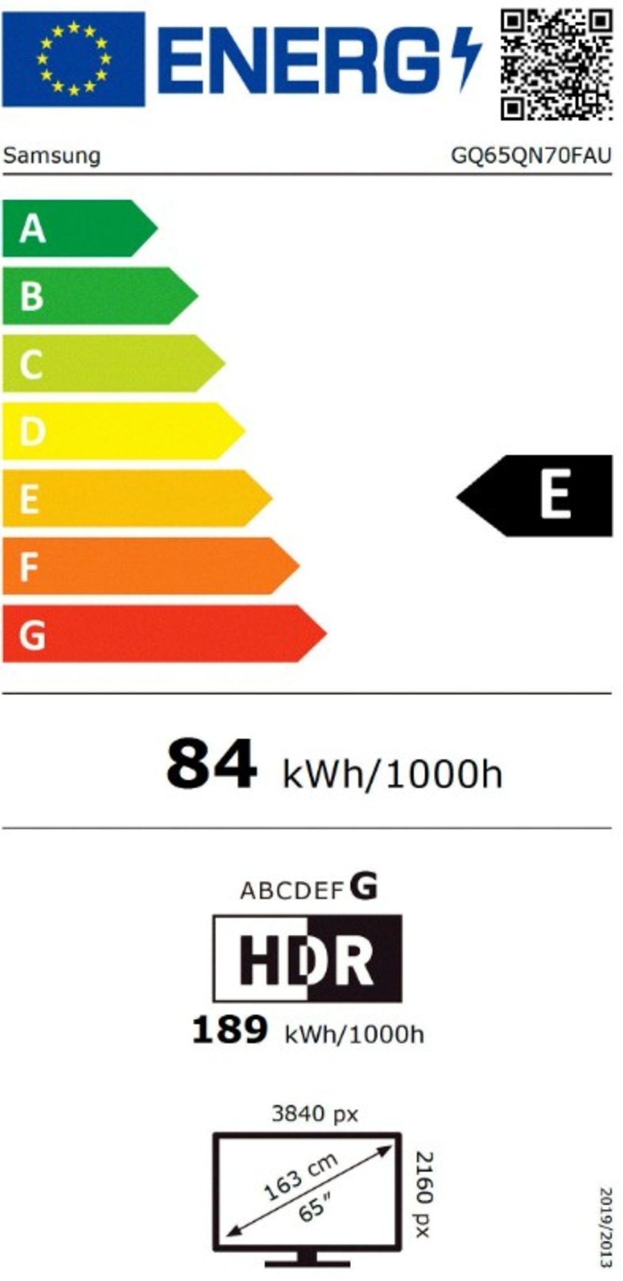 Energieeffizienzlabel mit Samsung TV, Energieklasse E, 84 kWh/1000h
