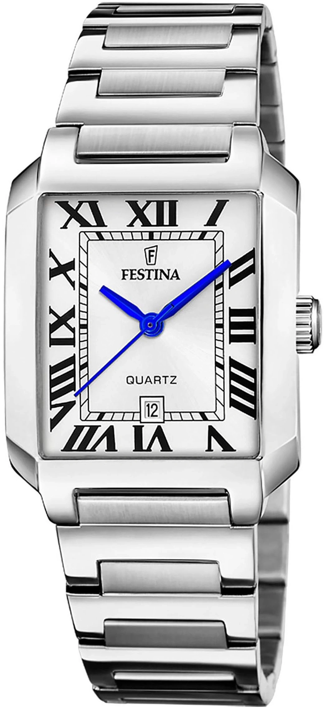 Eine silberne Festina Armbanduhr mit römischen Ziffern und blauem Zeigern.
