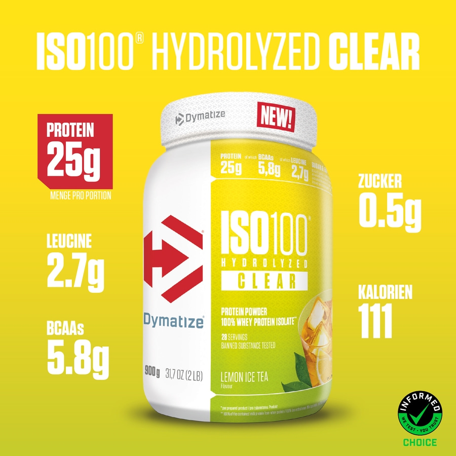 DYMATIZE Whey Protein Pulver Shake ISO 100 Clear Ice Tea Lemon & Peach je 900 g