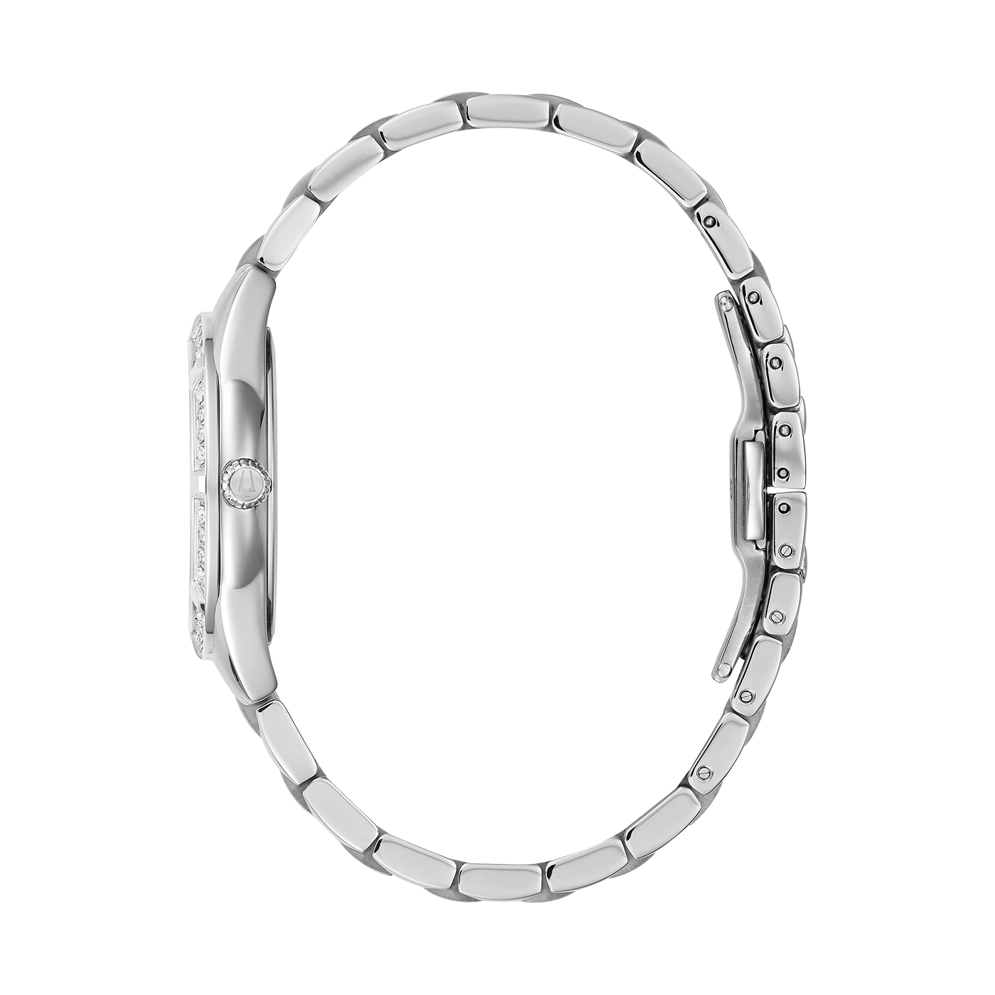 Ein silbernes Armbanduhrprofil mit Diamanten besetzter Lünette.