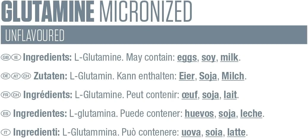 Nahrungsergänzungsmittel mit Glutamin, kann Eier, Soja und Milch enthalten.