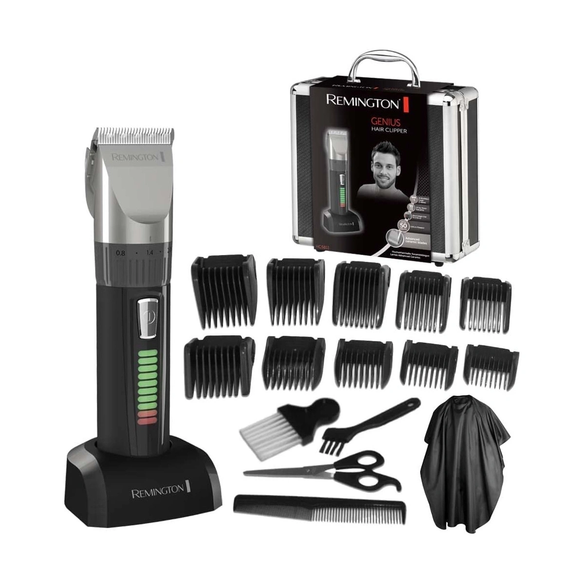 Ein Remington Haarschneider-Set mit Zubehör und Aufbewahrungskoffer.