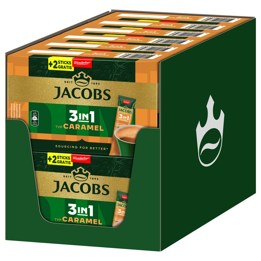 Jacobs 3in1 Caramel Kaffee-Sticks Packung mit Gratis-Sticks und Logo
