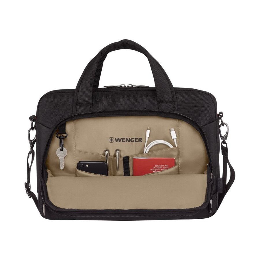 Schwarze Wenger-Tasche mit Inhalt, Kabeln und Schweizer Pass