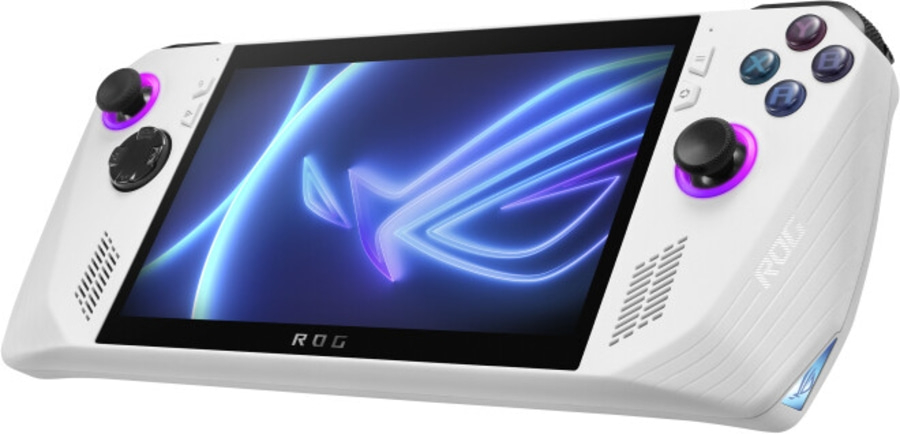 Weißer Handheld-Gaming-PC mit ROG-Logo auf dem Bildschirm und Bedienelementen.