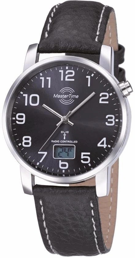 Eine schwarze Armbanduhr mit silbernem Gehäuse und weißen Nähten.